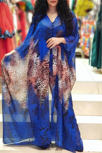 Purple Green Fashion Casual Print Slit V Neck Long Sleeve Two Pieces