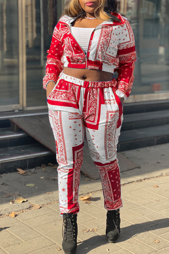 Tangerine Red Casual Print Split Joint Turndown Collar Long Sleeve Two Pieces