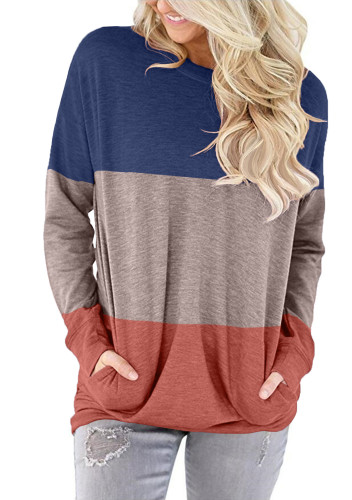 Leisfit Women Color Block Tunic Side Pockets Casual Blouse Crew Neck