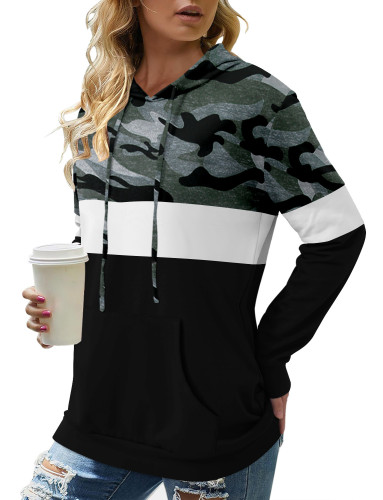 Women Long Sleeve Hooded Sweatshirts Color Block Tops with Pockets