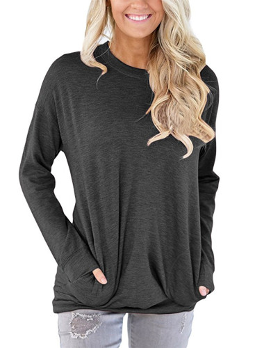 Women's Solid Color Long Sleeve Tunic Tops with Side Pockets Casual T Shirt Blouse Crew Neck