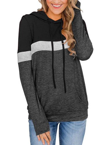 Womens Pullover Hoodie Shirt Long Sleeve Tops Color Block Hooded Sweatshirt with Pocket Blue Grey