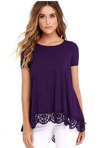 Womens Shirts Lace Trim O-Neck A Line Short Sleeve Tunic Tops