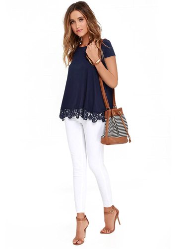 CWomens Shirts Lace Trim O-Neck A Line Short Sleeve Tunic Tops