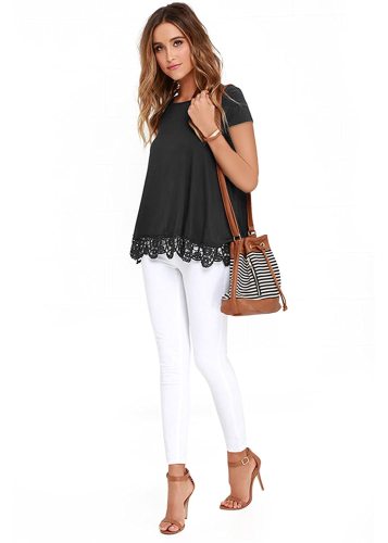 Womens Shirts Lace Trim O-Neck A Line Short Sleeve Tunic Tops