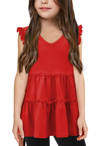 storeofbaby Red Summer Shirts for Kids Girl Casual Peplum Tank Tops V Neck Tunic