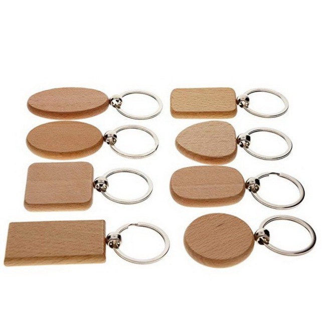 Natural Wooden Blank Keychain - Round, Square, Heart, Oval, Shield… (1 pack = 8 pcs)