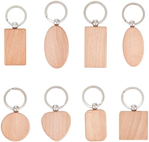 Natural Wooden Blank Keychain - Round, Square, Heart, Oval, Shield… (1 pack = 8 pcs)