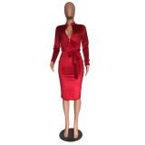 Red Sexy Long Sleeve V Neck Midi Dress with Belt