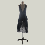 Black Lace Plunge Halter Irregular Flounce Dress