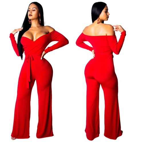 Hot Sexy Red Ruched Detail Off Shoulder Jumpsuit