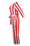 Red and White Striped Jumpsuit Rompers with Belt