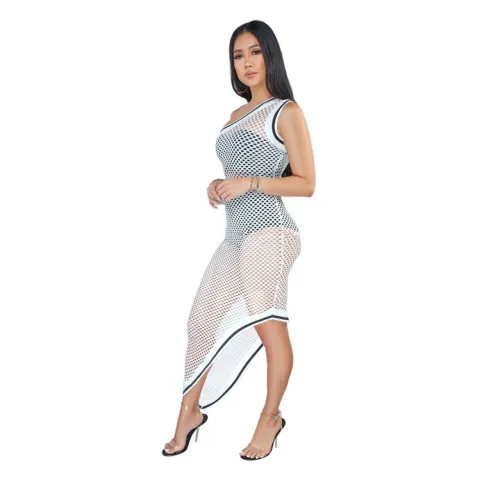 One Shoulder Fishnet Irregular Hem Dress