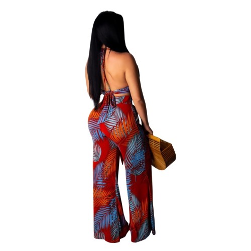 Leaf Print Bra Top and Wide Leg Pants Set