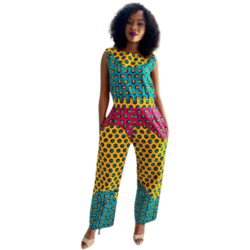 Color Block Print Sleeveless Wide Leg Jumpsuit