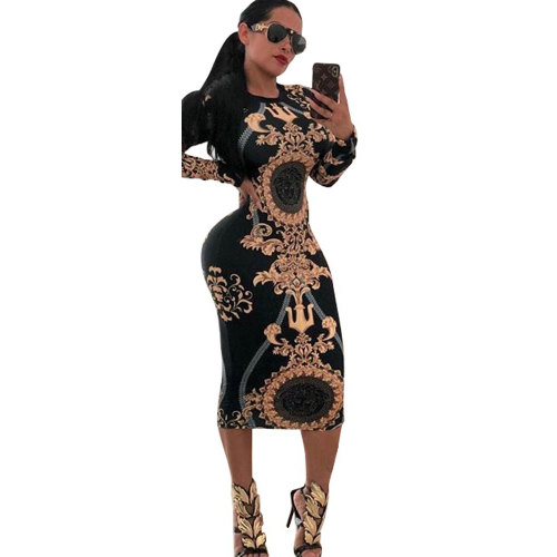 Gold and black Sexy  long  Sleeve print Bodycon Dresses
