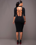 black color half-collar three-quarter sleeve backless lace cross-linking sexy midi dress