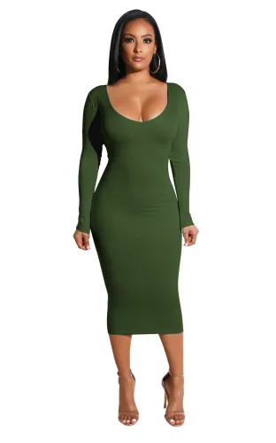 Cutout Scrunch Back Solid Long Sleeve Bodycon Dress