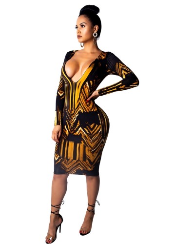 Black Gold Print Deep V Bodycon Dress