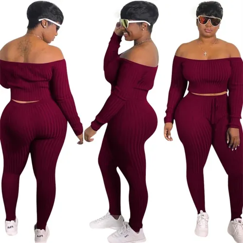 Solid Stretch Knit Off Shoulder Crop Top Legging Set