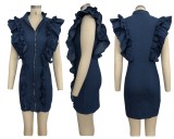 Blue Ruffle Zipper Deep V-neck Denim Bodycon Mini Dress