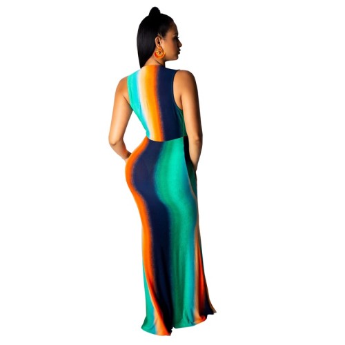 Colorblock Print Sleeveless Deep V Maxi Dress