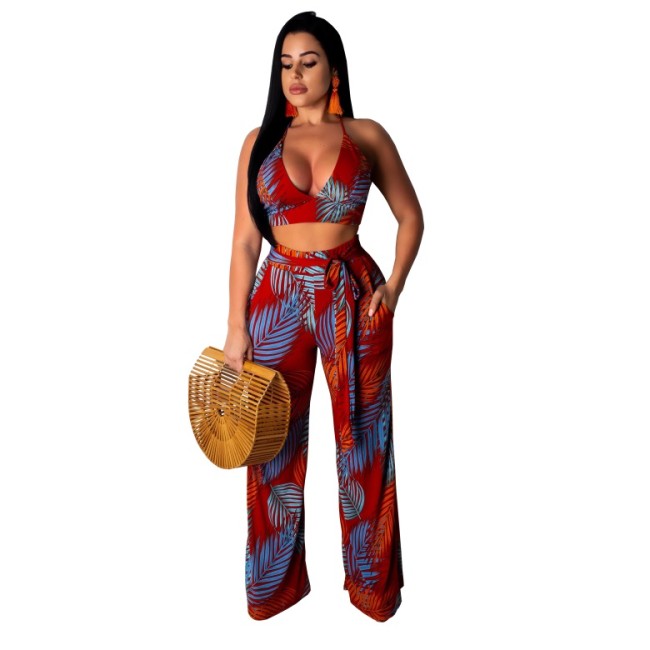 Leaf Print Bra Top and Wide Leg Pants Set