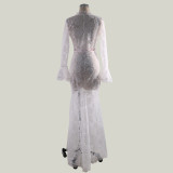 White Lace Flare Sleeve Zip Up Long Dress