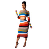 Wide Striped Cold Shoulder Crop Top and Midi Bodycon Skirt Set