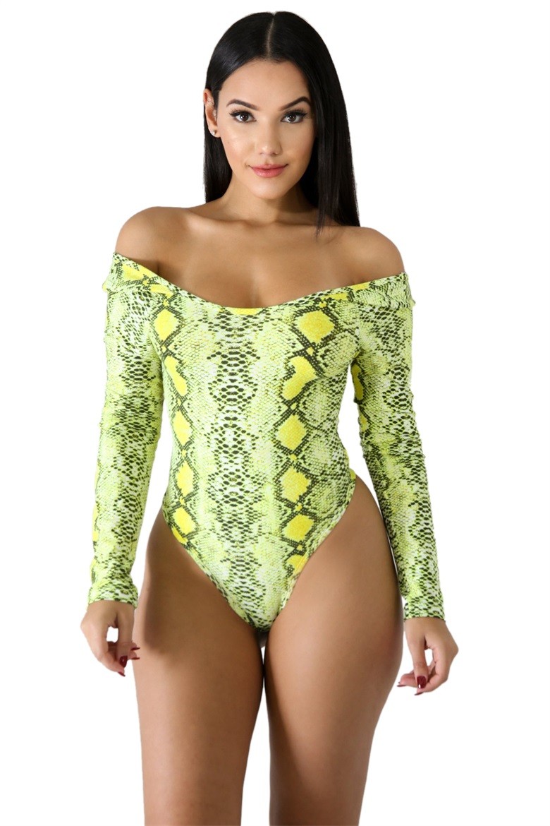 Snakeskin Scoop Neck Long Sleeve Bodysuit
