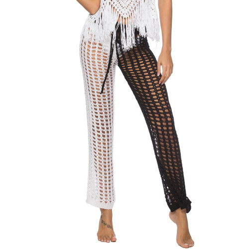 Hollow Out Crochet White Black Split Colored Straight Pants