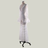 White Lace Flare Sleeve Zip Up Long Dress