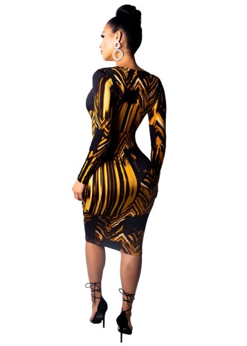Black Gold Print Deep V Bodycon Dress