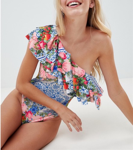 Women Sexy Floral Ruffle Flounce Swimsuit One Shoulder Off Padded Bikini
