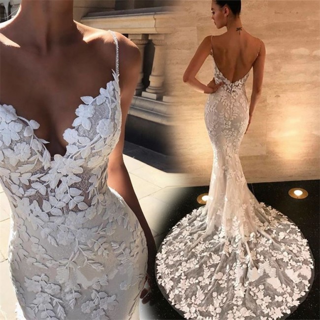 White Floral Lace Strappy V Neck Mermaid Dress