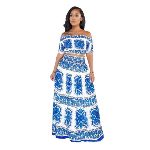 White Blue Printed Two Piece Long Skirt Set