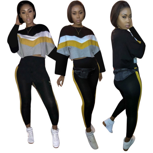 Color Block Crop Top and Pants Set Tracksuit Two Piece Set