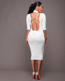 half-collar three-quarter sleeve white backless lace cross-linking sexy midi dress