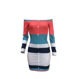 Ribbed Off Shoulder Buttoned Color Block Dress