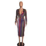 Multicolor  Vertical Striped Wrap Midi Dress
