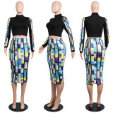 Women's Turtle Neck Print Dress Two-Piece Set Sexy Crop Top and Midi Skirt