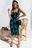 Ruffle Edges Square Neck Wide Straps Textured Floral Dress