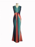 Colorblock Print Sleeveless Deep V Maxi Dress