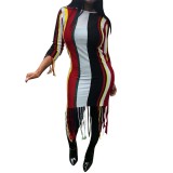 Striped Tassels T- Shirt Bodycon Dress with sleeve
