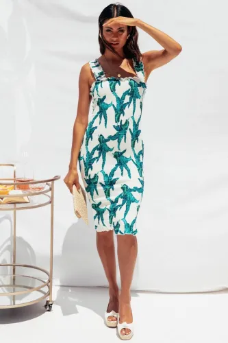 Ruffle Edges Square Neck Wide Straps Textured Floral Dress