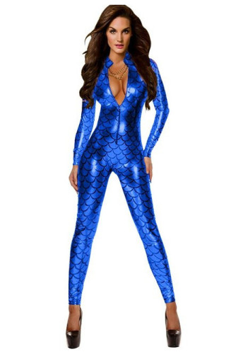 Blue women zipper  front Scale  Jumpsuit leather costumes