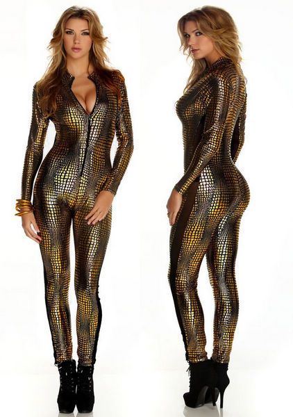 Golden Sexy  V Neck Leather Catsuit  Jumpsuit