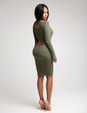 Backless Dropped Waist Styles Army Green Round Collar Long Sleeves Sexy Bodycon  dress