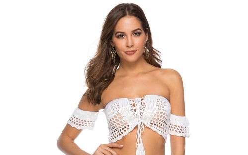 White Crochet Off Shoulder Lace Up Crop Top