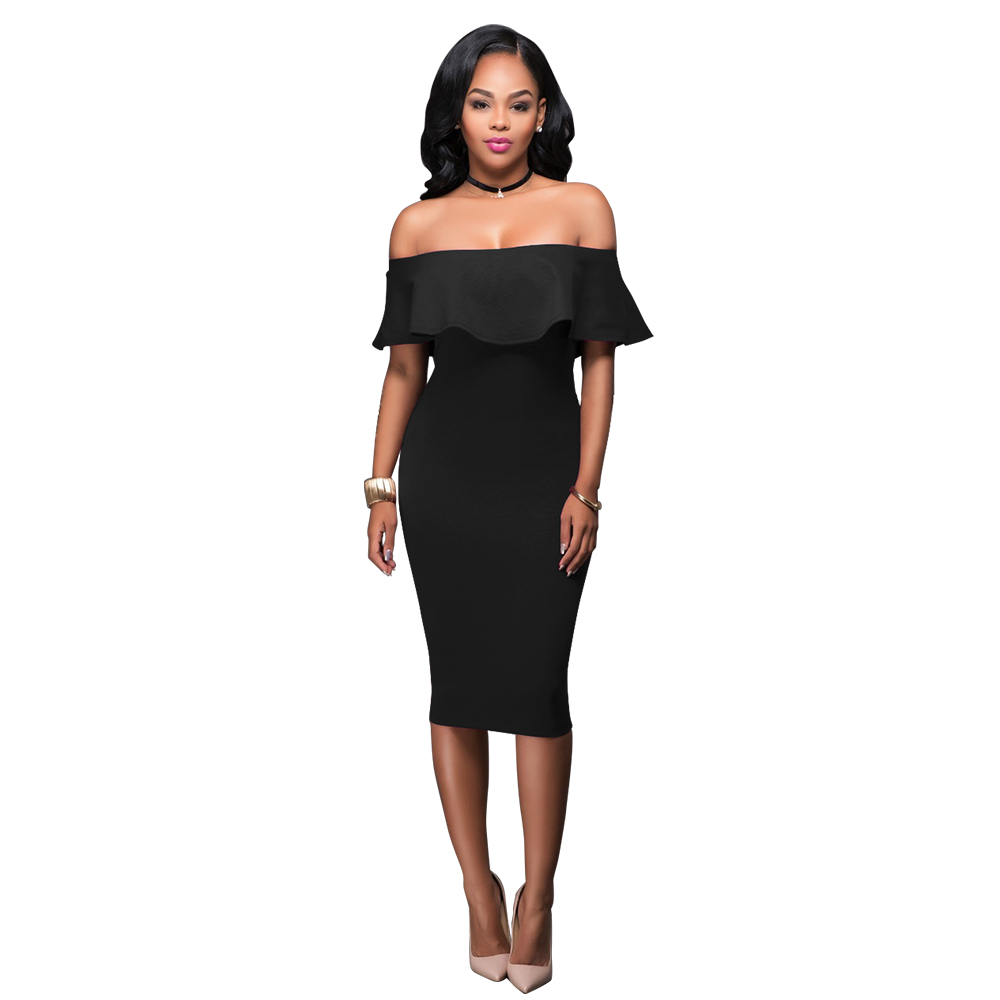 Black off shoulder flounce clothing below the knees sexy bodycon dress
